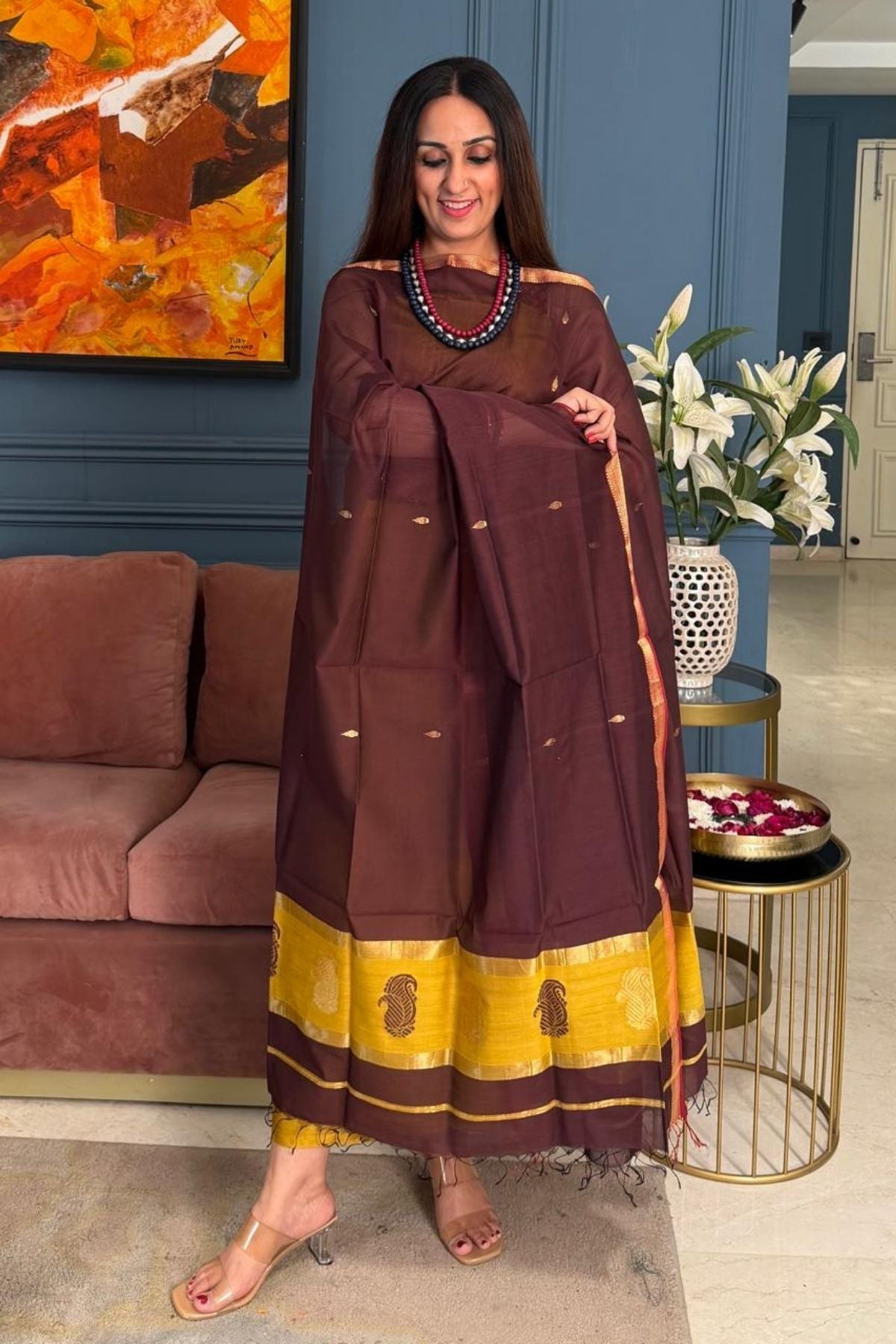 Maheshwari handloom silk by cotton kurta dupatta set